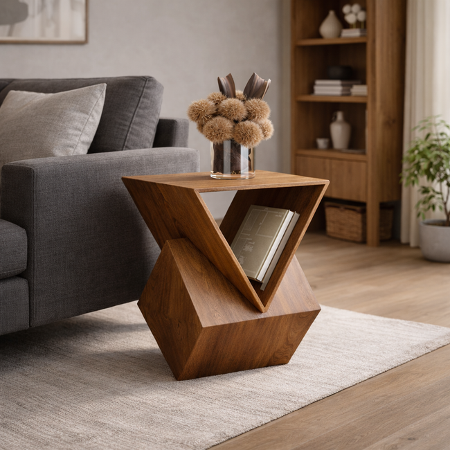 Geometric Sculptural Wooden Side Table – Modern Accent Furniture Main Image