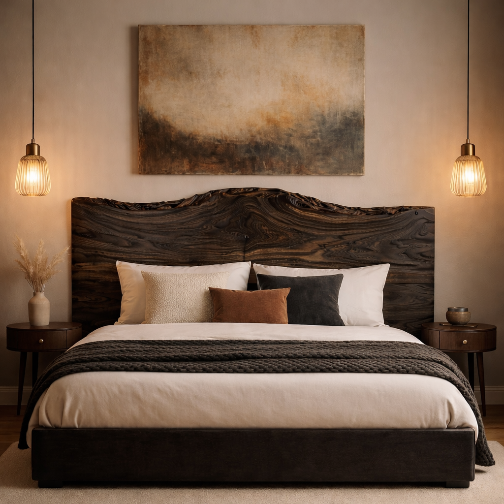 Handcrafted Solid Wood Bed with Live Edge Headboard – Luxury Organic Design