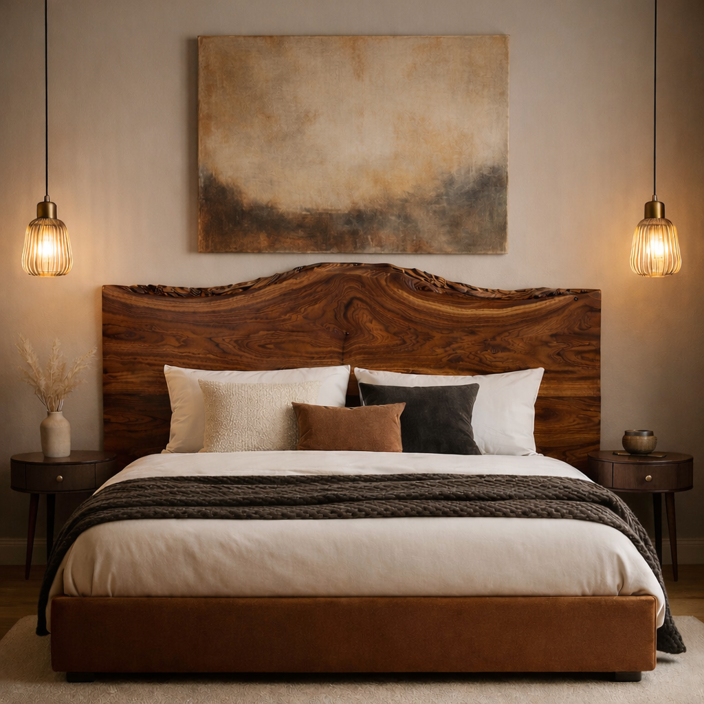 Handcrafted Solid Wood Bed with Live Edge Headboard – Luxury Organic Design