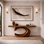 Sculptural Solid Wood Console & Abstract Wall Art Set – Modern Curved Design