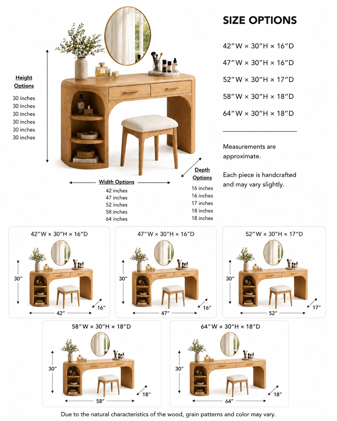 Makeup Vanity Table – Solid Wood Vanity with Round Mirror and Stool