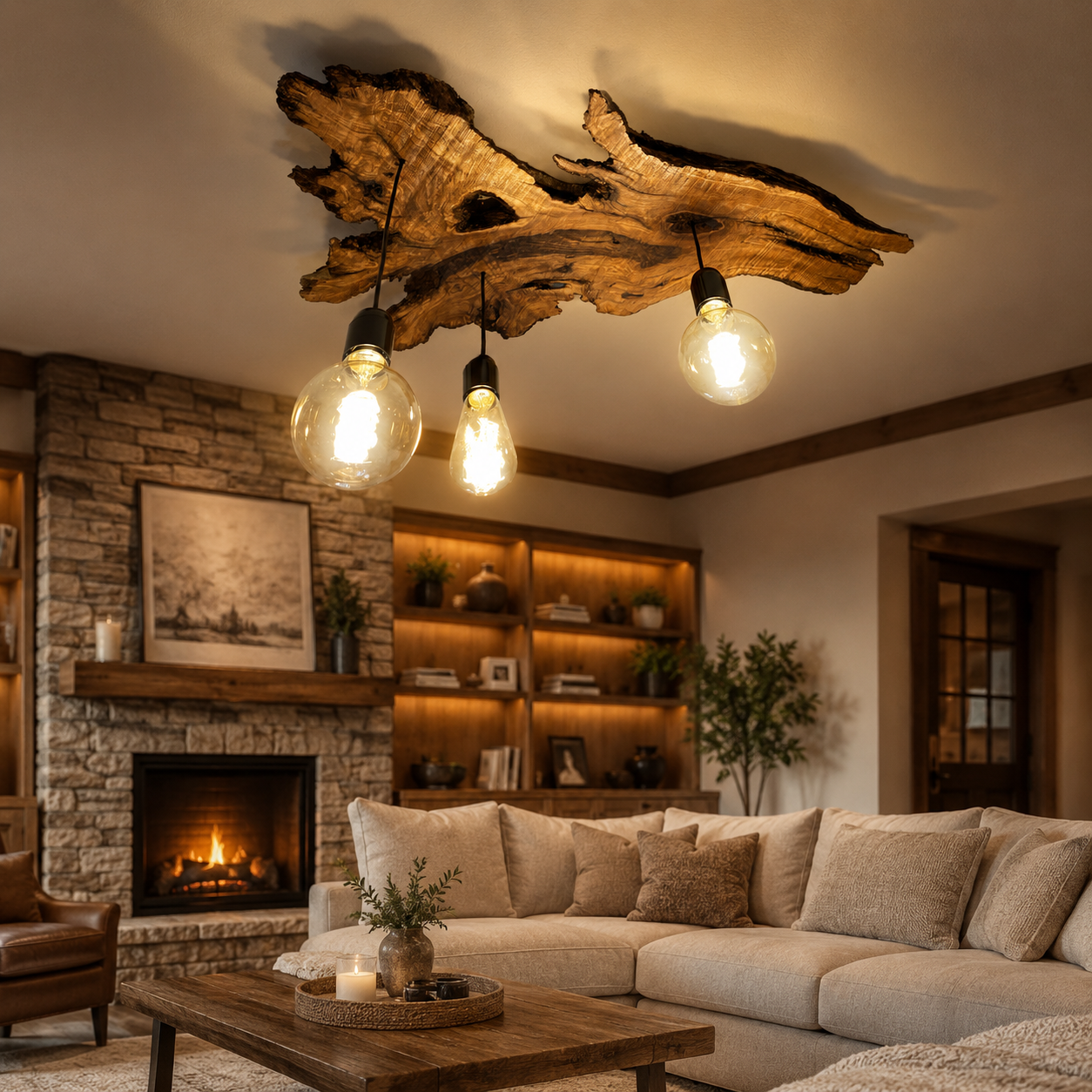 Live Edge Ceiling Light – Solid Wood Pendant Lamp with Hanging Bulbs