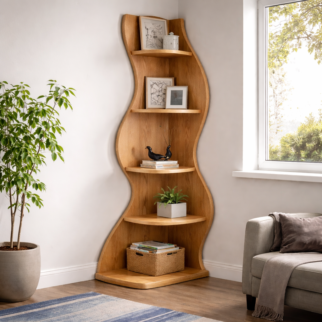 Corner Bookcase – Sculptural Solid Wood Display Shelf