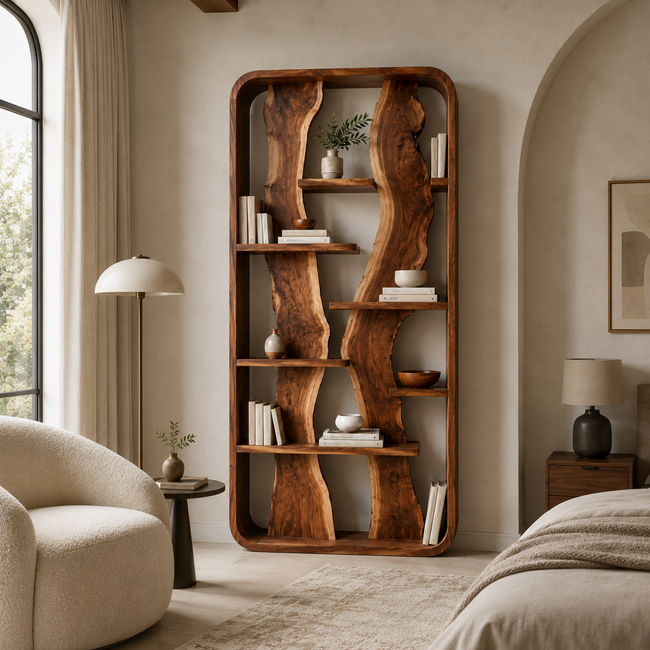 Organic Wood Bookshelf – Solid Wood Display Shelf for Living Room Decor Hover Image