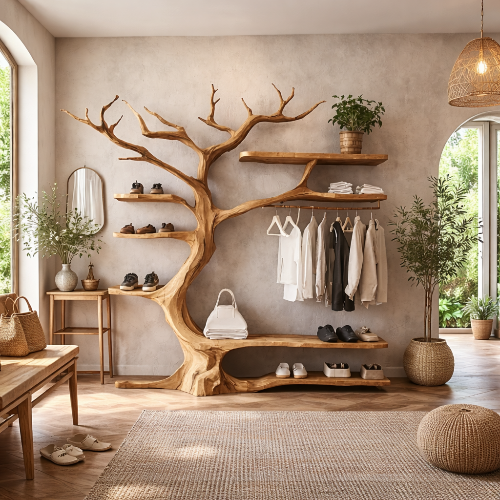 Tree Wall Shelf with Coat Rack – Wooden Entryway Organizer