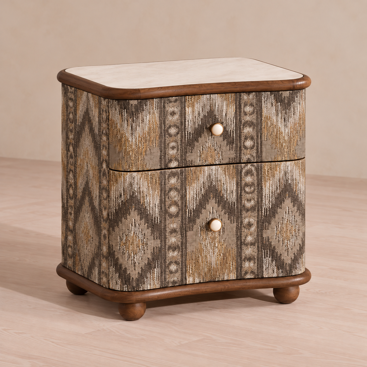 Patterned Two-Drawer Wood Nightstand with Stone Top