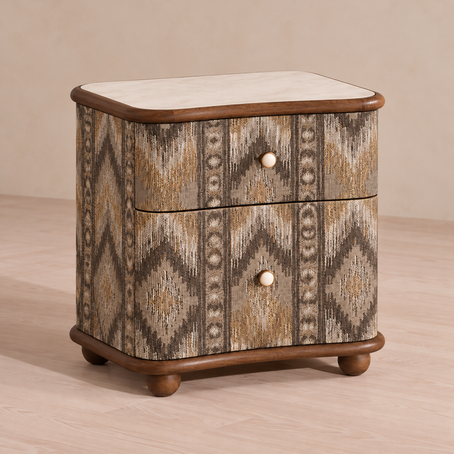 Patterned Two-Drawer Wood Nightstand with Stone Top Main Image
