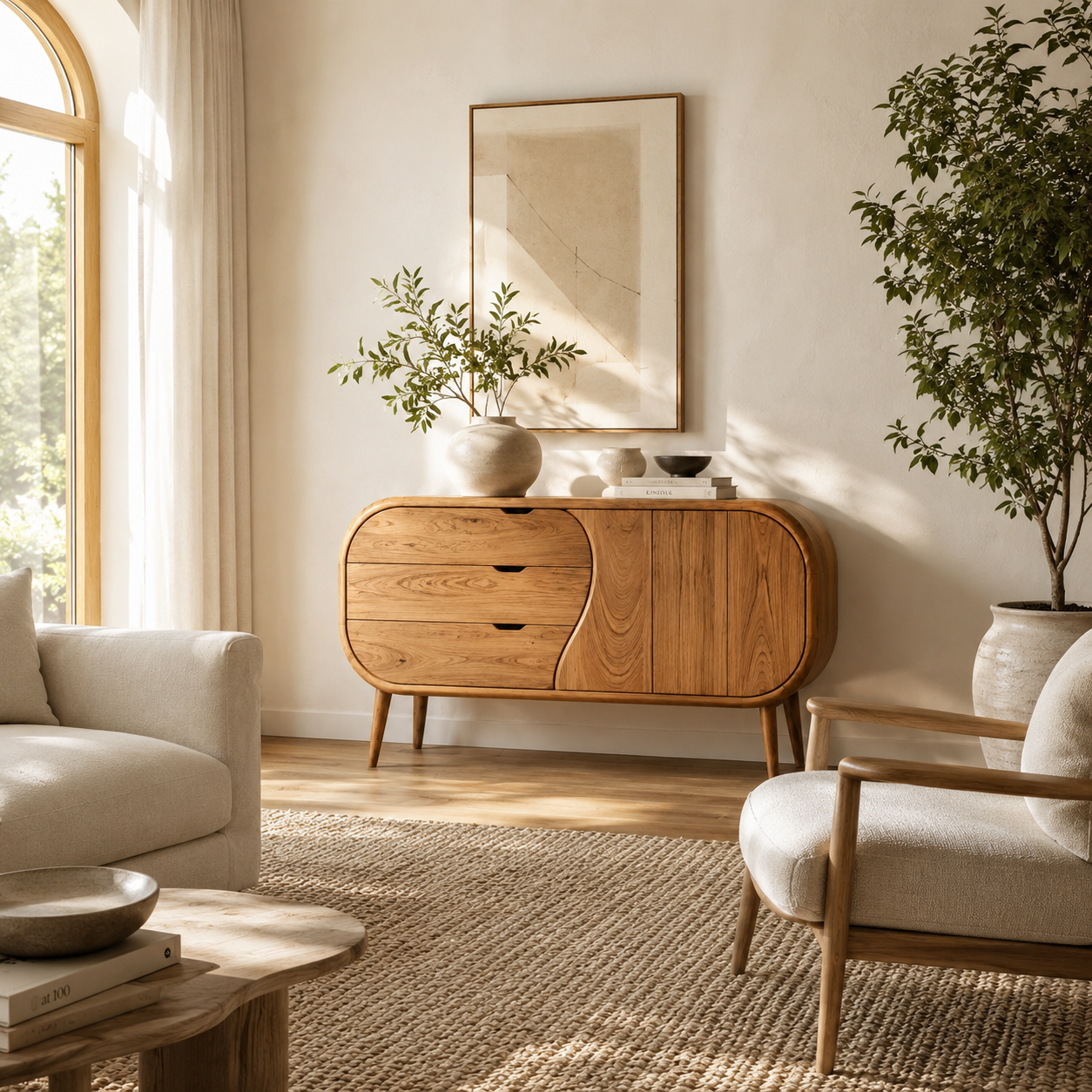 Curved Sideboard – Solid Wood Storage Cabinet for Living Room