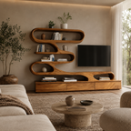 S-Shaped TV Stand – Solid Wood Media Console with Shelves for Living Room Decor