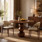 Round Wood Dining Table – Solid Wood Pedestal Table with Sculptural Ball Base for Dining Room Decor
