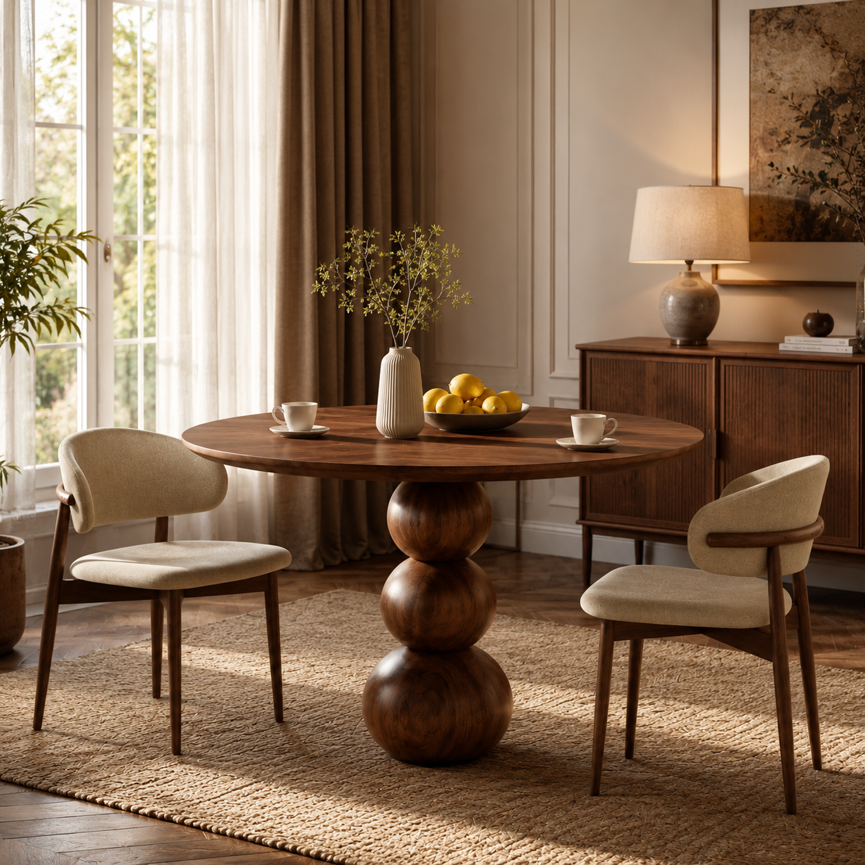 Round Wood Dining Table – Solid Wood Pedestal Table with Sculptural Ball Base for Dining Room Decor