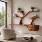 Tree Branch Wood Floating Desk – Solid Wood Wall Mounted Desk with Display Shelves for Home Office Decor