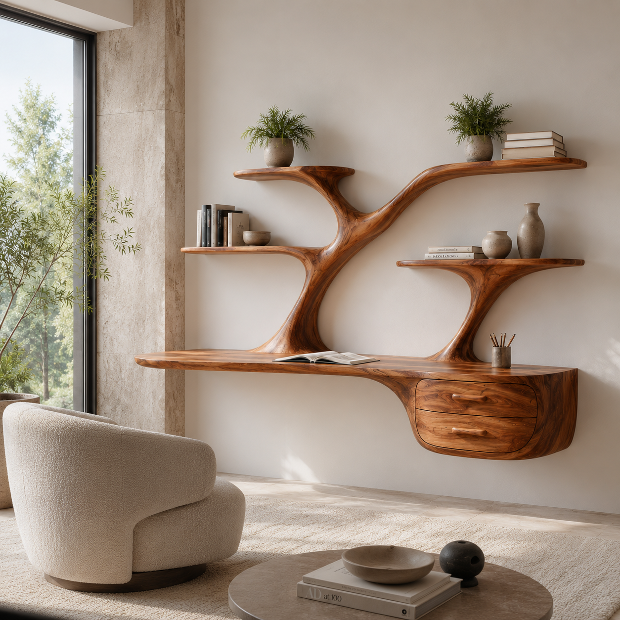 Tree Branch Wood Floating Desk – Solid Wood Wall Mounted Desk with Display Shelves for Home Office Decor