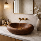Hand-Carved Solid Wood Vessel Sink – Organic Round Bathroom Basin