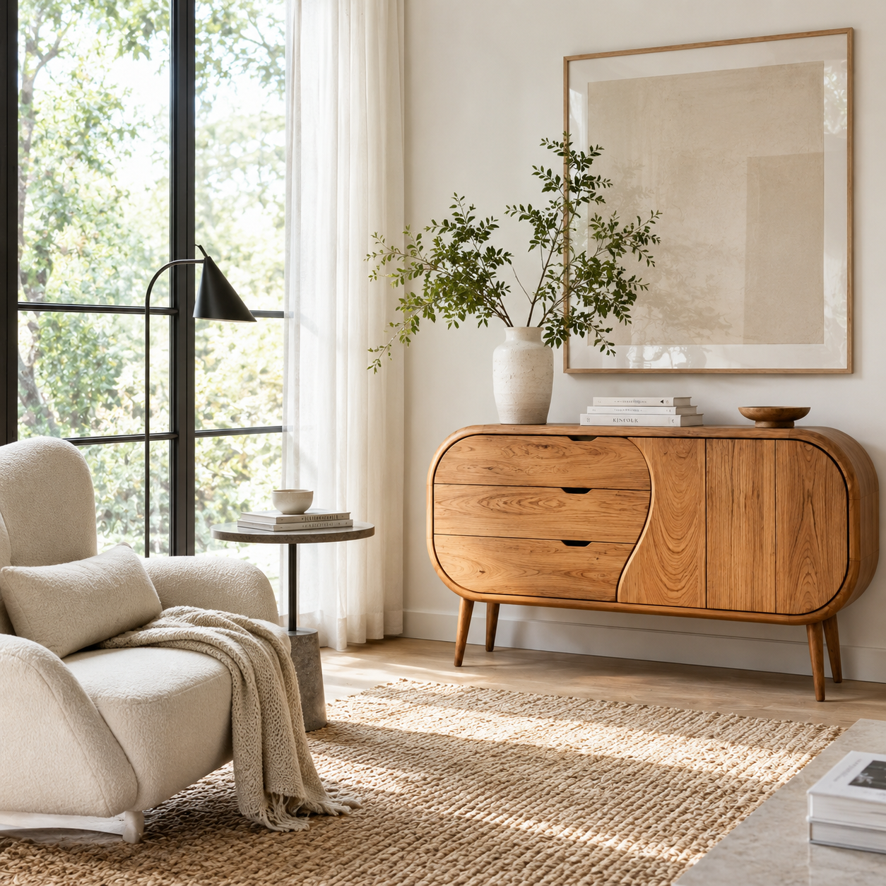Curved Sideboard – Solid Wood Storage Cabinet for Living Room