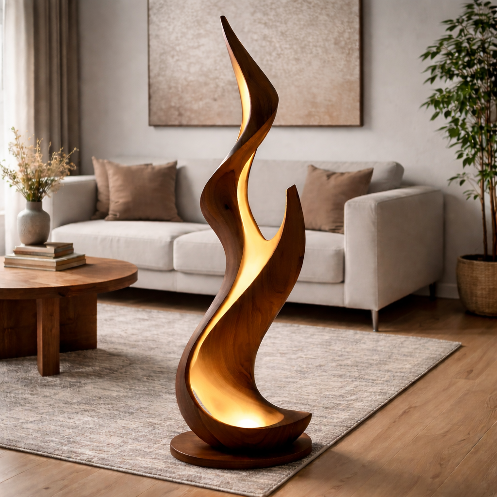 Sculptural Wooden Flame Floor Lamp – Modern Ambient Lighting for Living Room