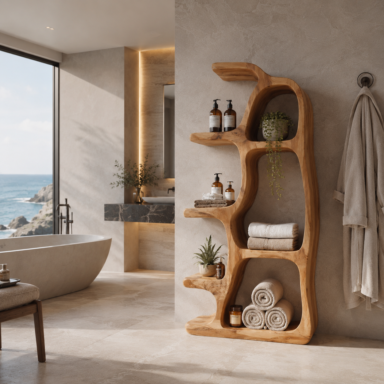 Sculptural Wood Bathroom Shelf – Solid Wood Freestanding Towel Storage Rack for Bathroom Decor