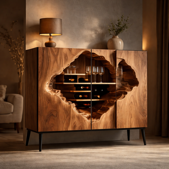 Modern Solid Wood Wine Cabinet with Geometric Storage – Contemporary Wooden Wine Bar Cabinet for Living Room or Dining Room Main Image