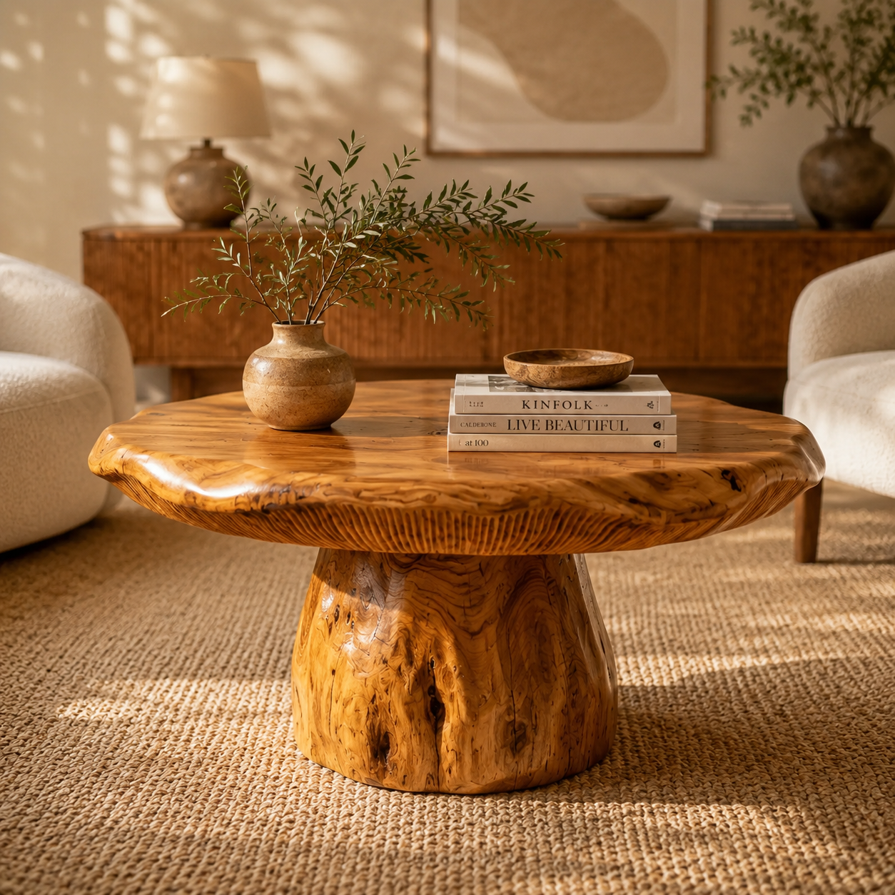 Tree Stump Coffee Table – Solid Wood Round Coffee Table for Rustic Living Room Decor