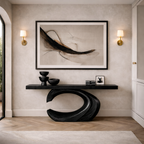 Sculptural Solid Wood Console & Abstract Wall Art Set – Modern Curved Design