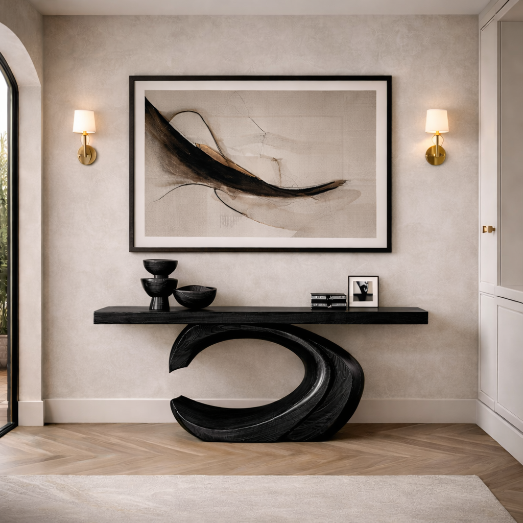Sculptural Solid Wood Console & Abstract Wall Art Set – Modern Curved Design