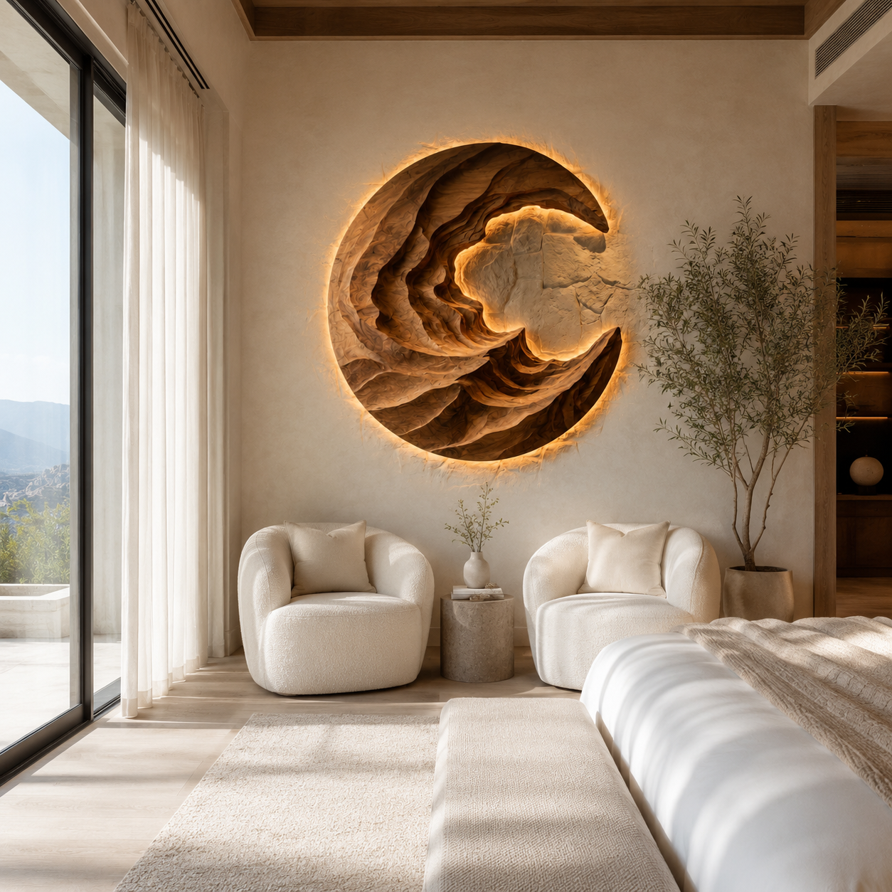 Round Wave Wood Wall Art – Solid Wood Backlit Wall Sculpture for Bedroom Decor