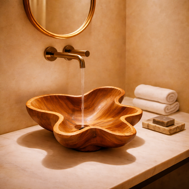 Wooden Floral Sink Basin | Handcrafted Natural Bathroom Sink Hover Image