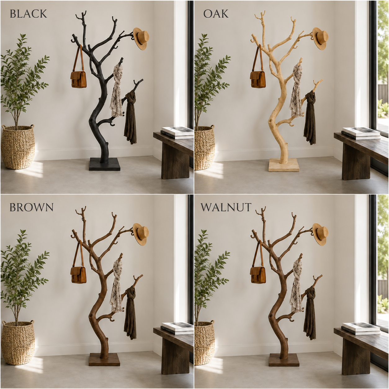 Tree Branch Wood Coat Rack – Solid Wood Entryway Hall Tree with Hooks for Home Decor