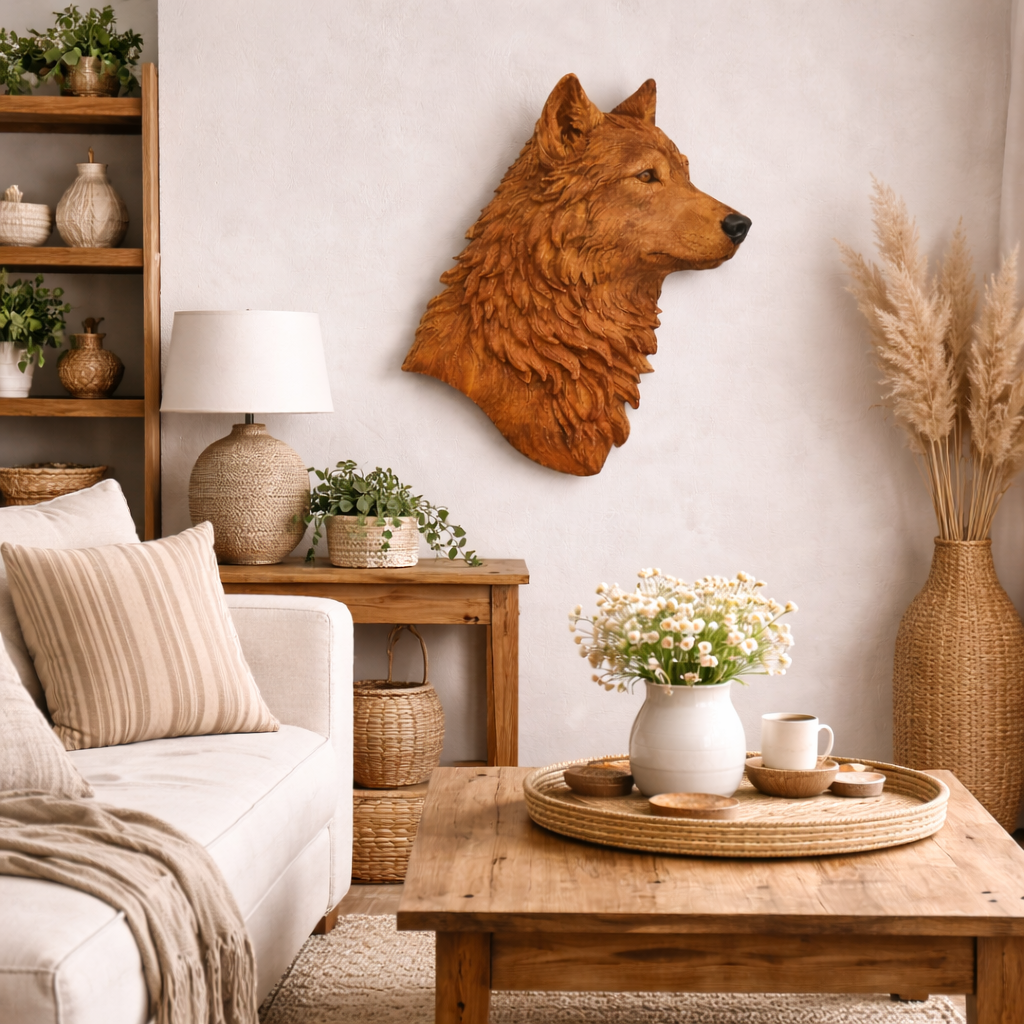 Wolf Head Wall Art – Solid Wood Decorative Panel for Rustic Home Deco
