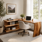 L Shaped Wood Desk – Solid Wood Computer Desk with Storage Shelf for Home Office Decor
