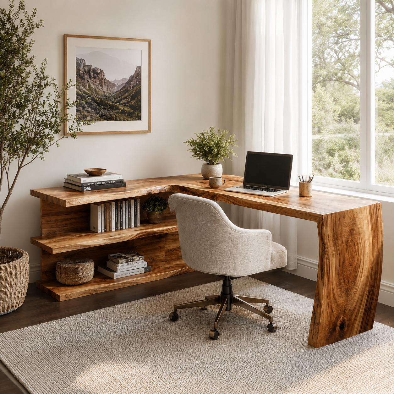 L Shaped Wood Desk – Solid Wood Computer Desk with Storage Shelf for Home Office Decor