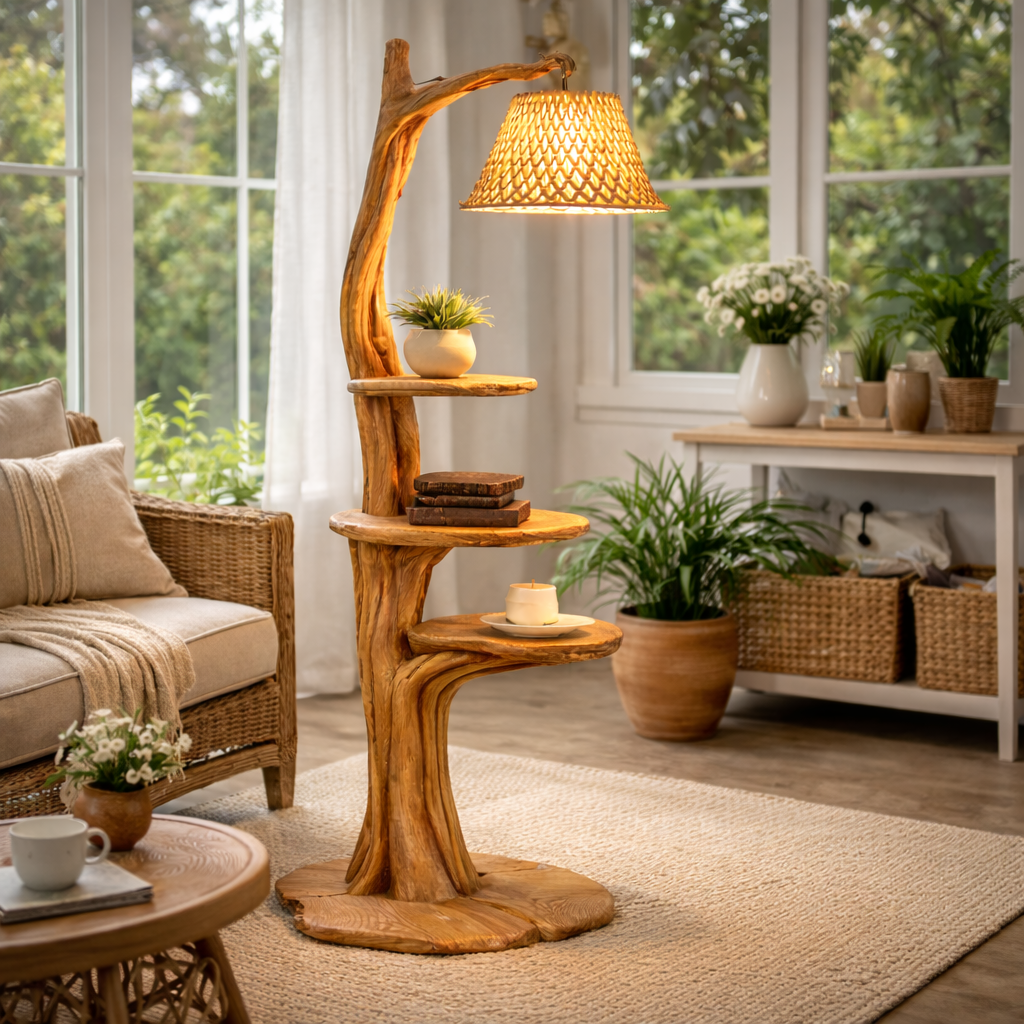 Tree Branch Floor Lamp – Solid Wood Standing Light with Shelves for Living Room Decor