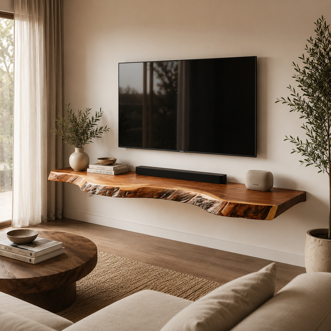 Live Edge TV Stand – Solid Wood Floating Console for Modern Living Room Decor Hover Image
