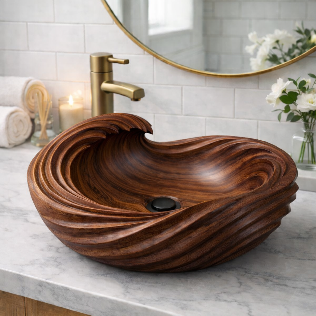Sculptural Hand-Carved Solid Wood Vessel Sink – Wave Design Bathroom Basin
