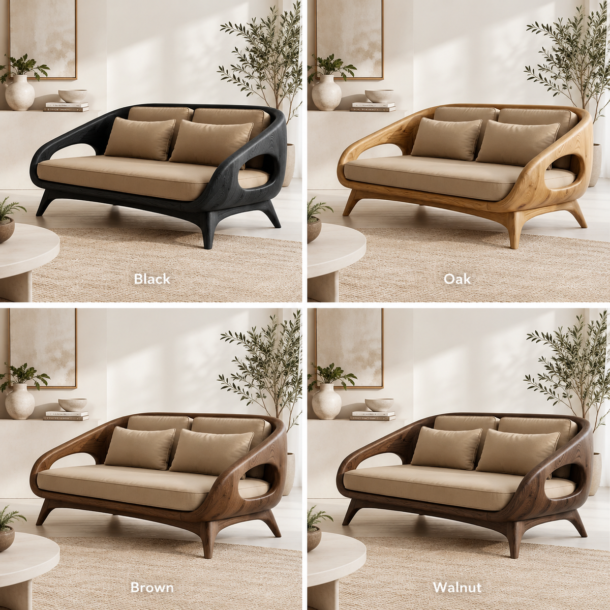 Sculptural Sofa Bench – Solid Wood Lounge Bench with Cushioned Seat