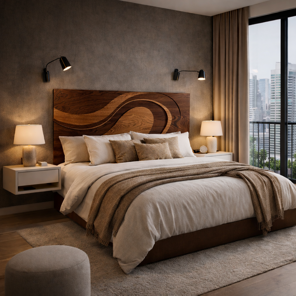 Modern Solid Wood Bed with Wave Headboard – Sculptural Design