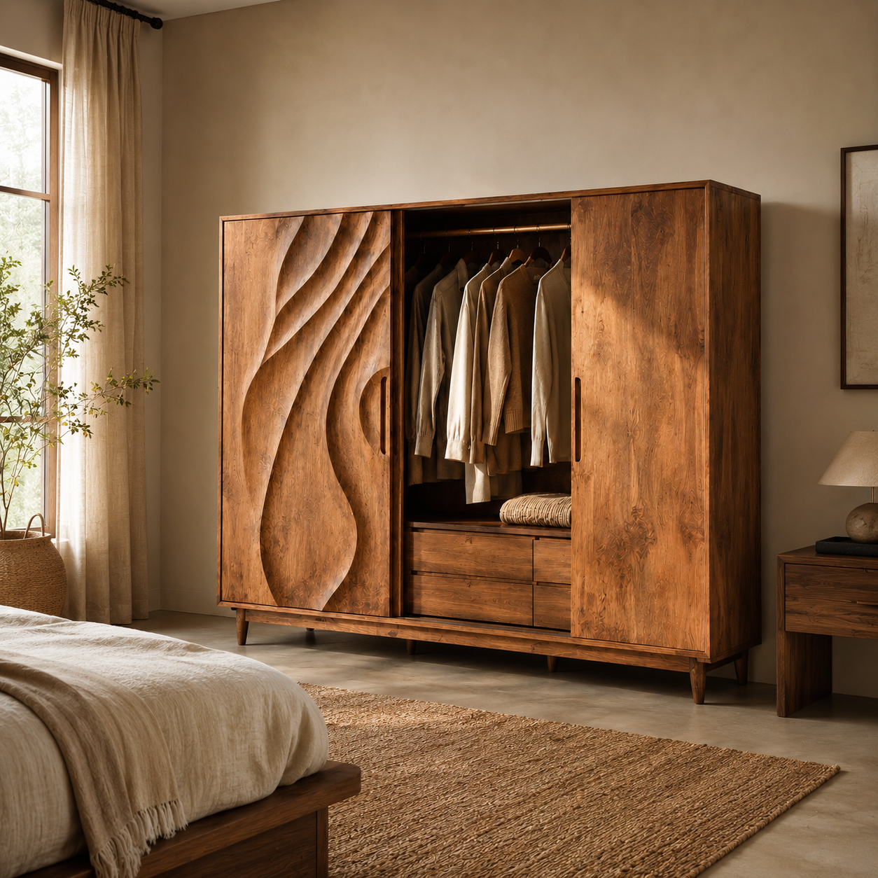 Carved Wood Wardrobe – Solid Wood Sliding Closet Cabinet for Bedroom Decor