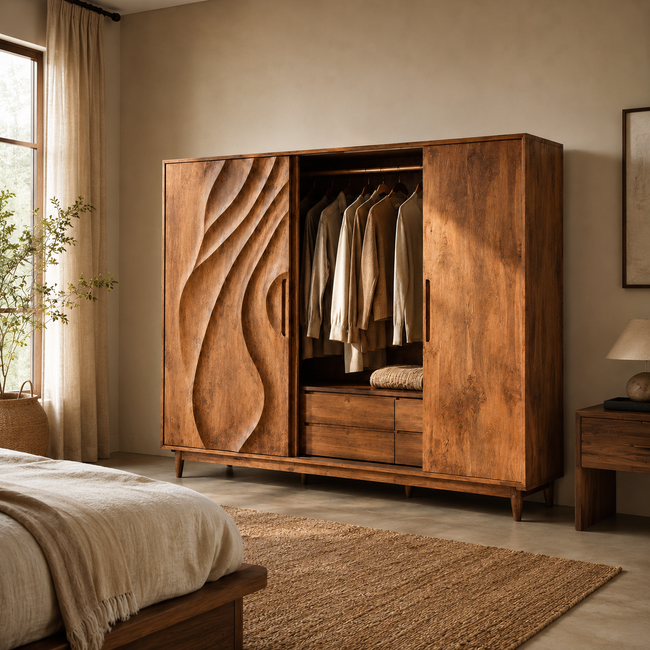 Carved Wood Wardrobe – Solid Wood Sliding Closet Cabinet for Bedroom Decor Hover Image