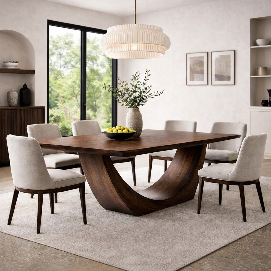 Modern Solid Wood Dining Table with Sculptural Base | Contemporary Statement Dining Table