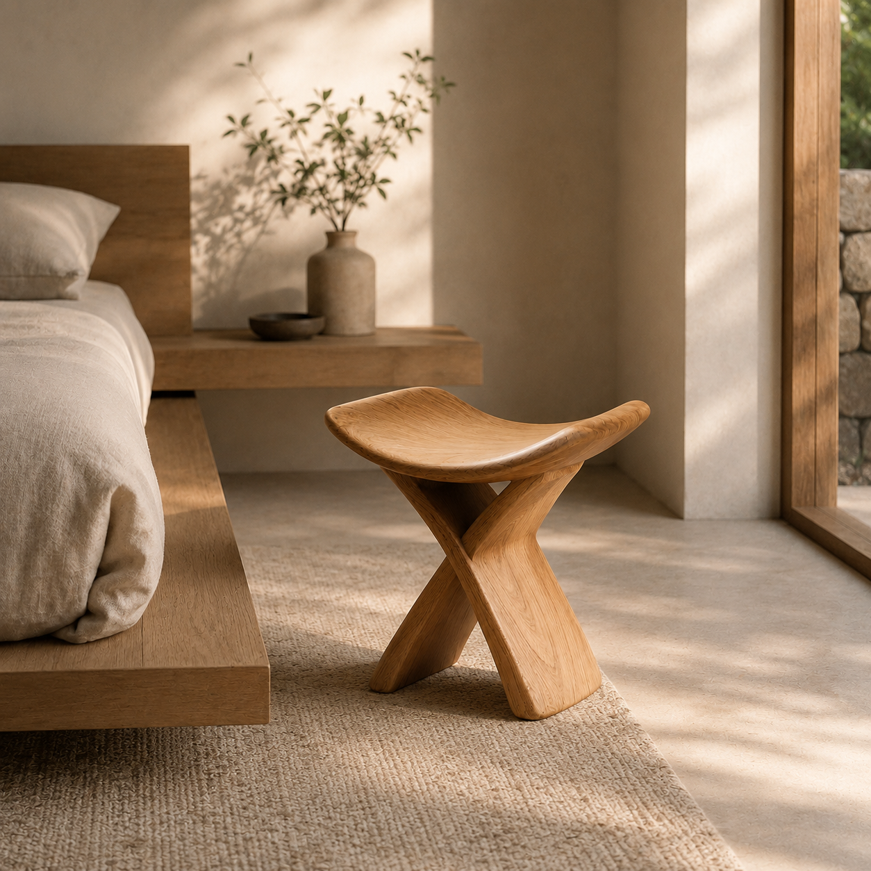 Sculptural Wood Stool – Solid Wood Accent Seat for Bathroom and Home Decor