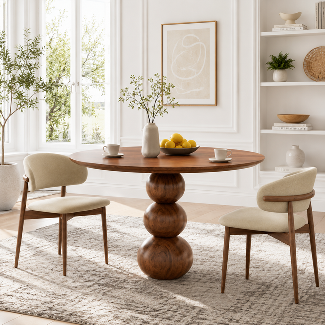 Round Wood Dining Table – Solid Wood Pedestal Table with Sculptural Ball Base for Dining Room Decor Hover Image