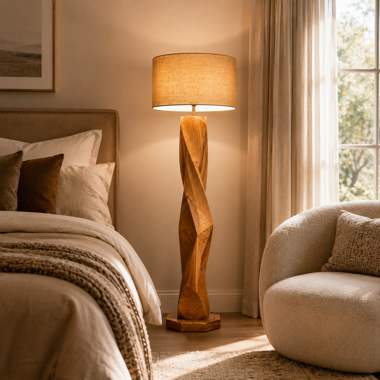 Geometric Wood Floor Lamp – Solid Wood Standing Lamp with Fabric Shade for Living Room Decor
