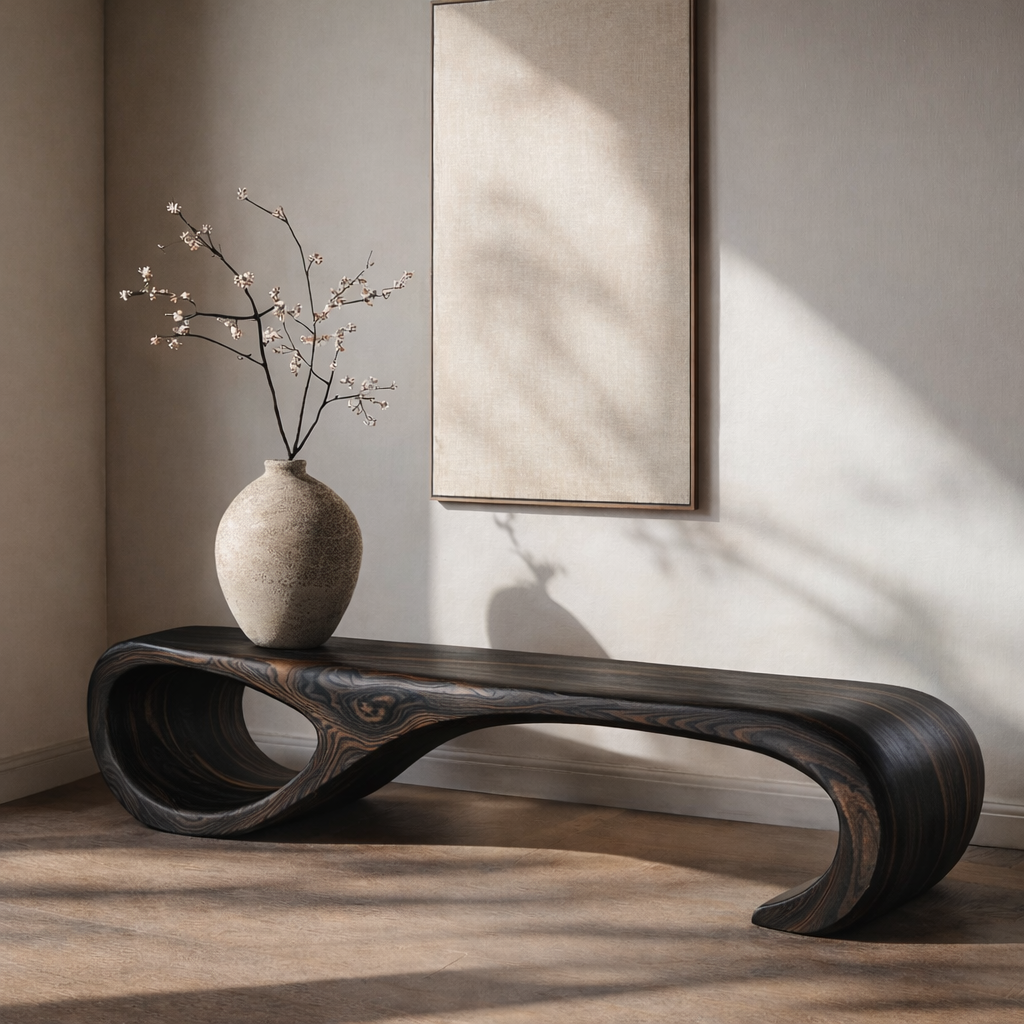 Walnut Wood Bench – Mid-Century Sculptural Bench