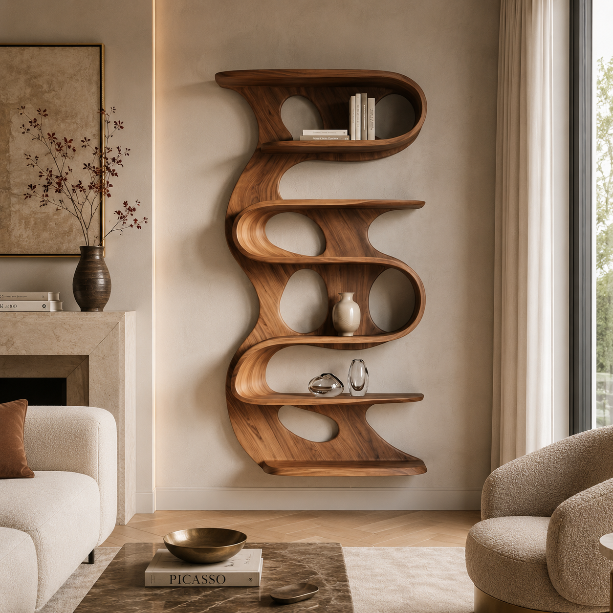 Vertical Bookcase – Sculptural Solid Wood Display Shelf