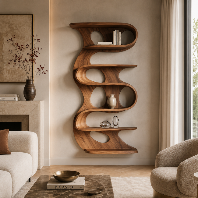 Vertical Bookcase – Sculptural Solid Wood Display Shelf Hover Image