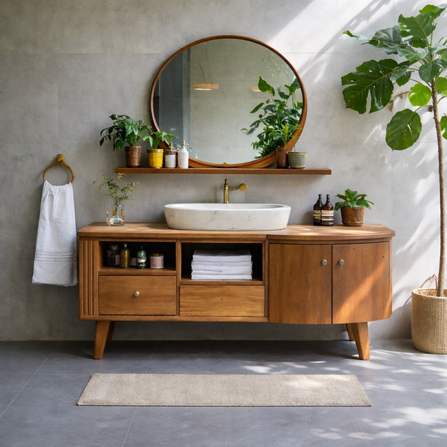 Mid-Century Bathroom Vanity – Wooden Vanity with Round Mirror and Storage Hover Image