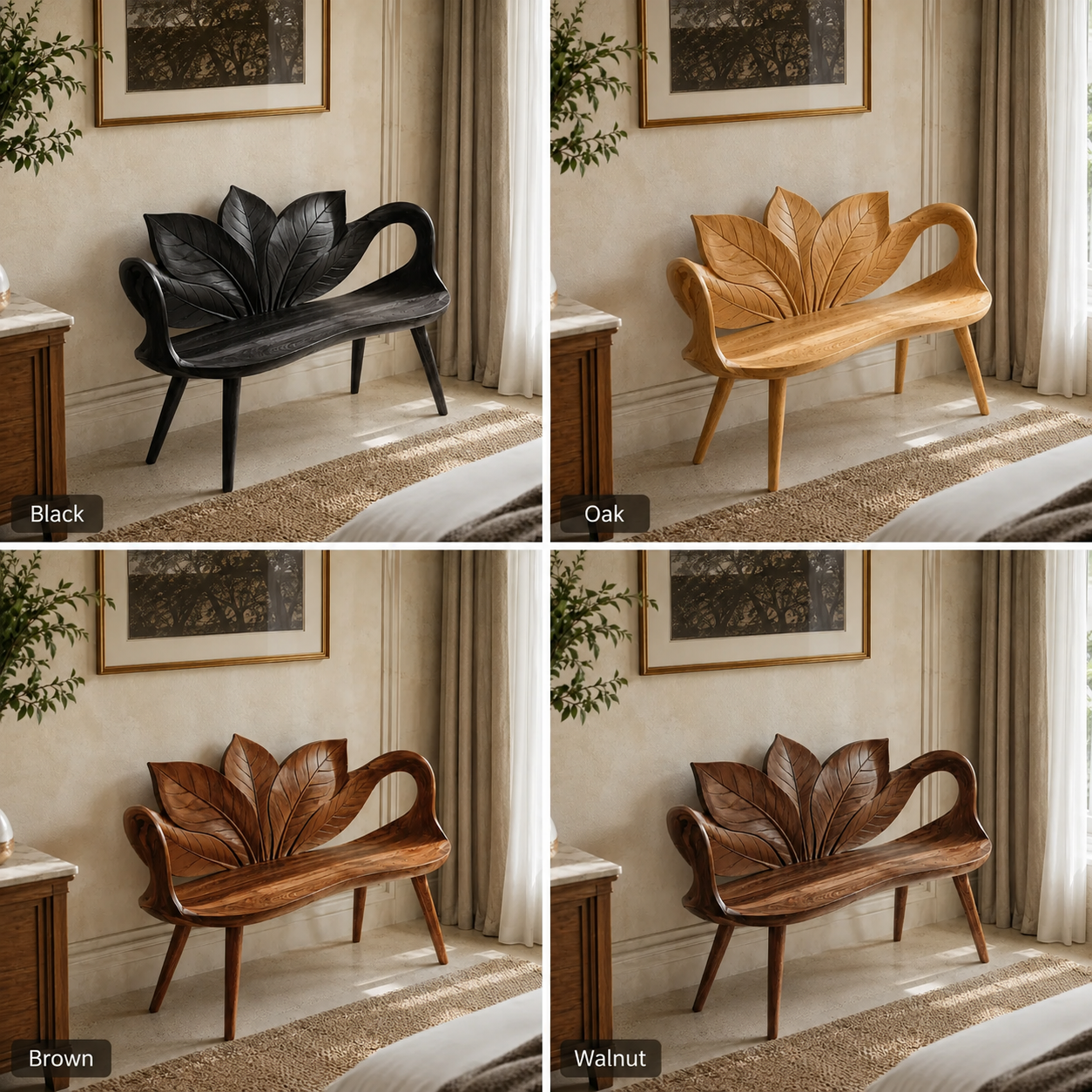 Leaf Back Wood Bench – Solid Wood Entryway Bench with Sculptural Leaf Design for Home Decor