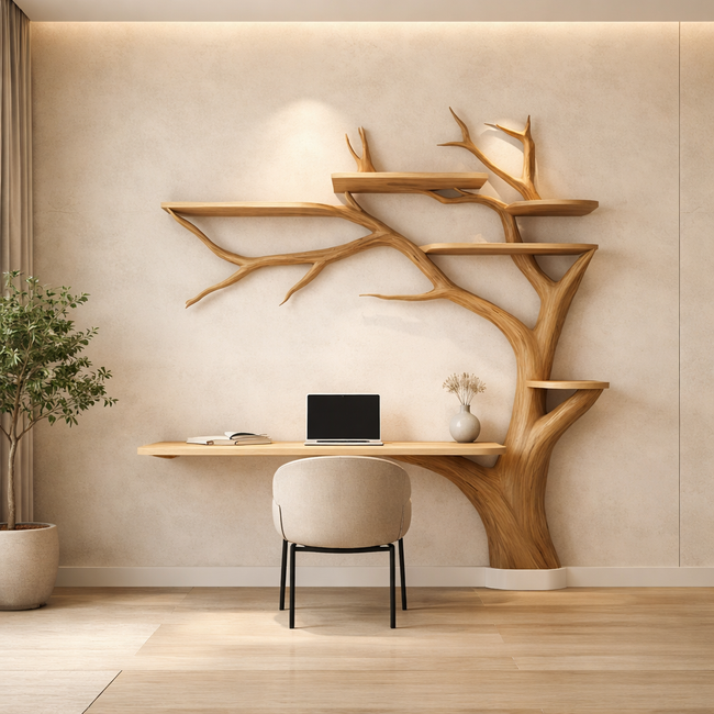Tree Wall Shelf Desk – Wooden Workspace Wall Organizer Hover Image