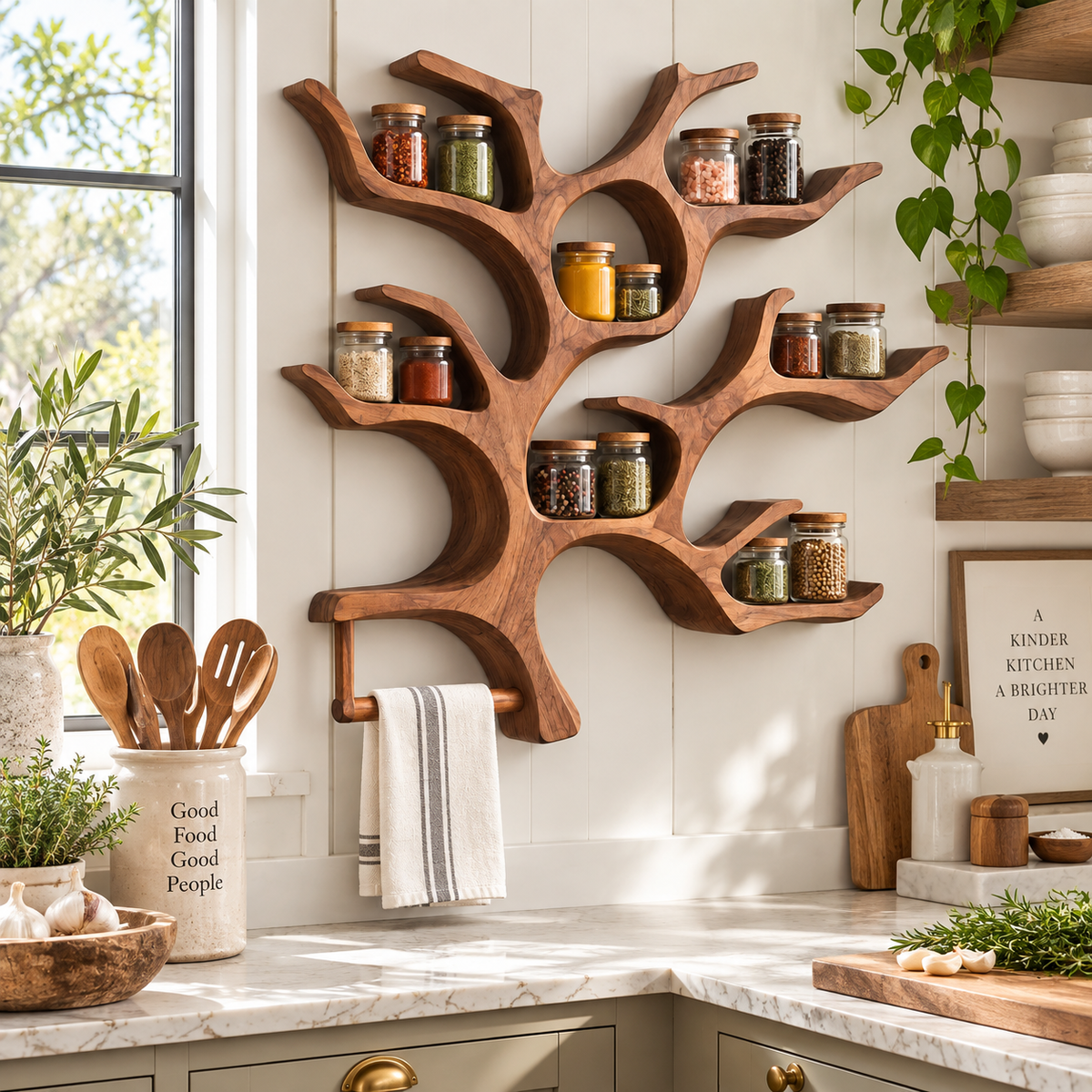 Tree Branch Wood Spice Shelf with Towel Bar