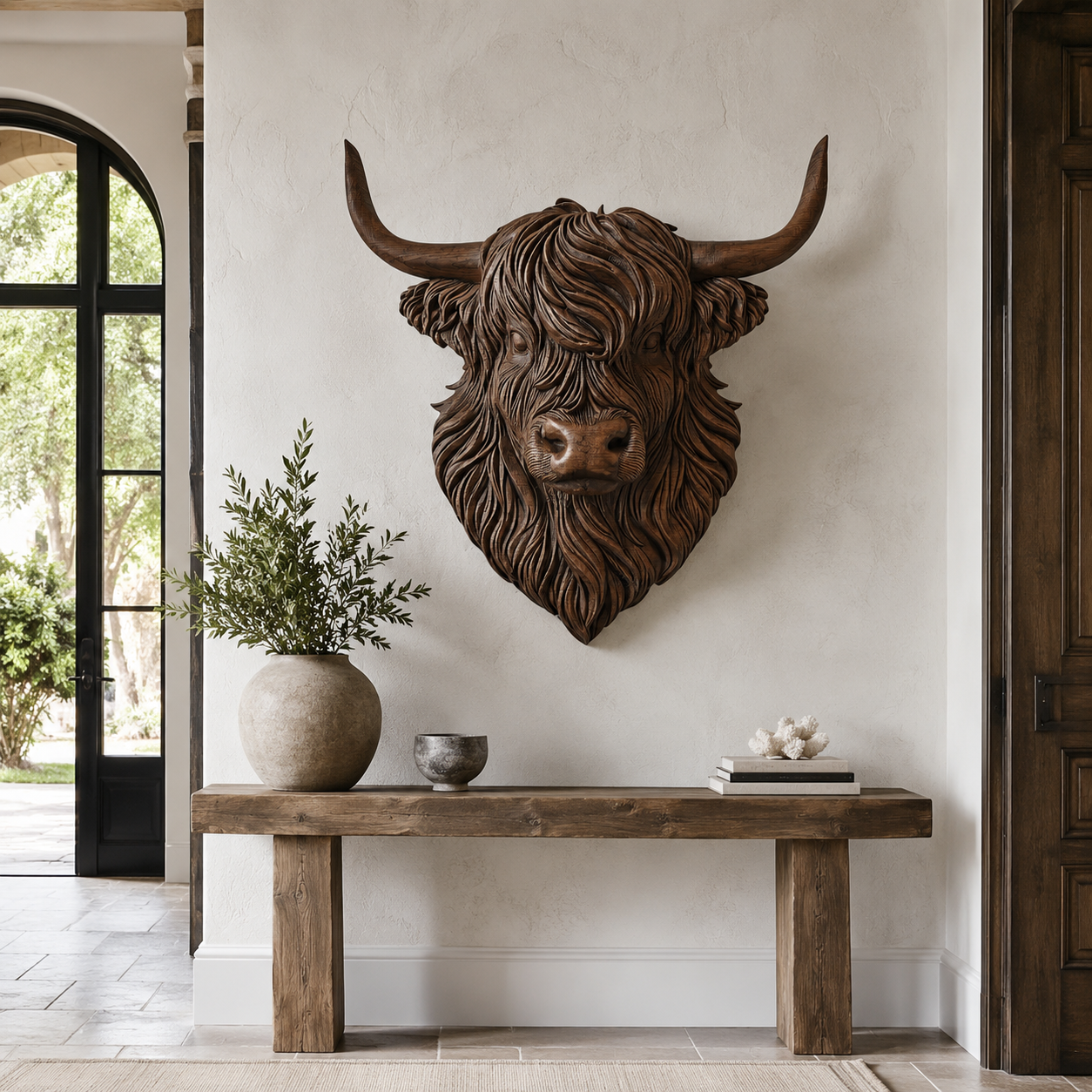 Highland Cow Wood Wall Art – Solid Wood 3D Animal Head Sculpture for Living Room Decor